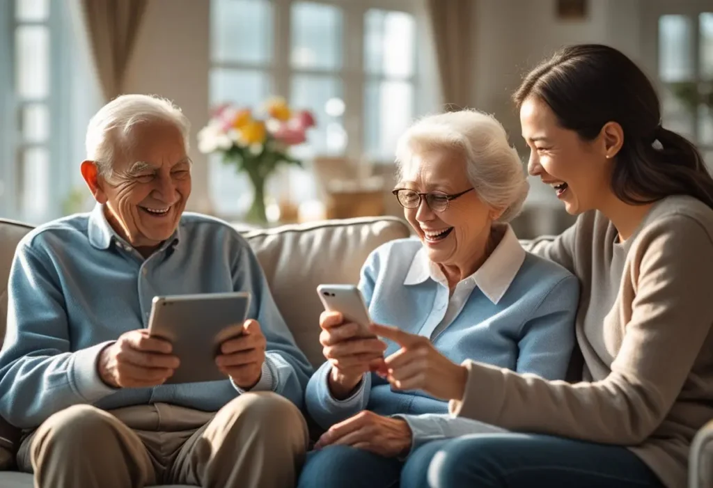 Avós e seus netos adultos sentados juntos em uma sala iluminada, usando um tablet e um smartphone, sorrindo e interagindo com a tecnologia.