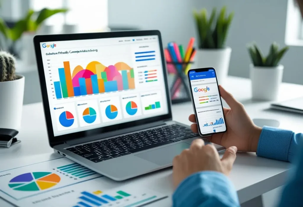 Pessoa trabalhando em laptop e smartphone em um escritório moderno, com gráficos de marketing digital na tela.