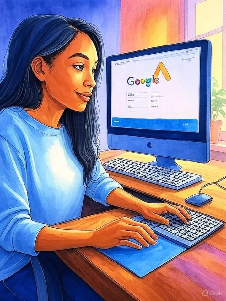 imagem de uma mulher trabalhando com o google ads em um computador.