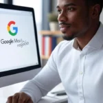 Imagem de um jovem cor morena em frente a uma tela de computador mostrando google meu negocio na tela