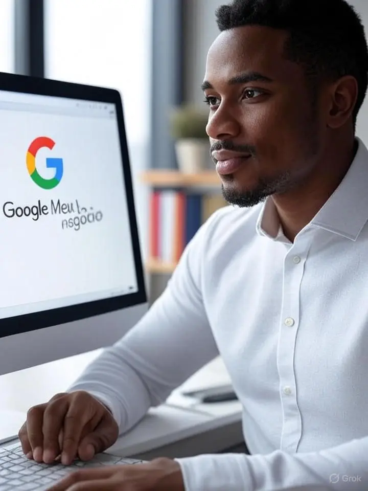 Imagem de um jovem cor morena em frente a uma tela de computador mostrando google meu negocio na tela