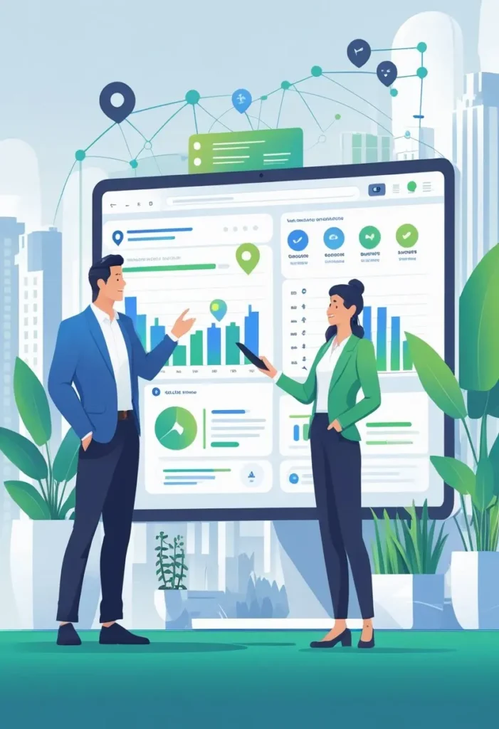Um empresário interagindo com uma tela digital grande mostrando gráficos, marcadores de localização e ícones de avaliações, em um escritório moderno e iluminado.