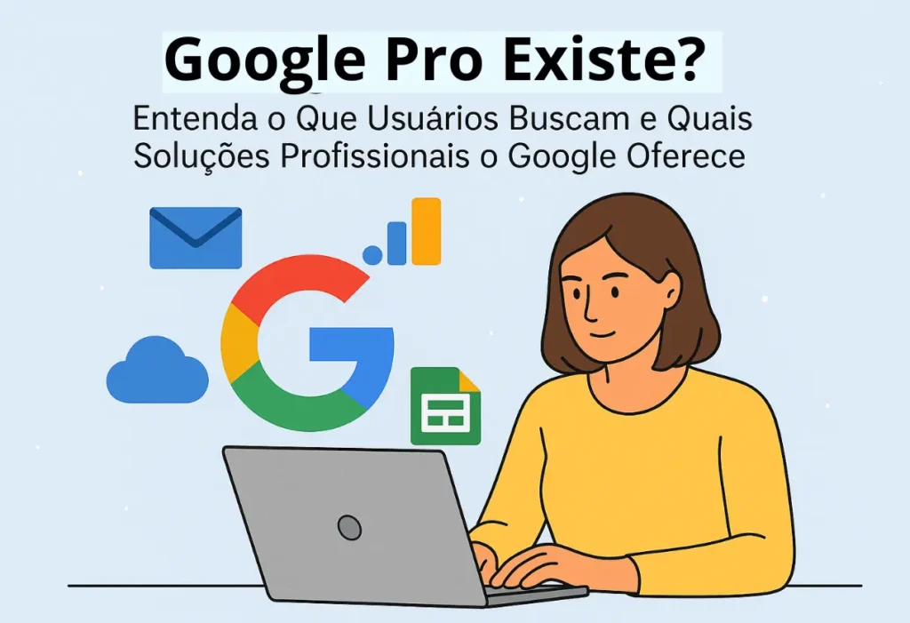 imagem de uma pessoa com um computador mostrando todos os serviços do google em referência ao artigo:Google Pro Existe? Entenda o Que Usuários Buscam e Quais Soluções Profissionais o Google Oferece