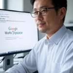 Imagem de uma pessoa do sexo masculino e oriental utilizando um computador e na tela mostra google workplace