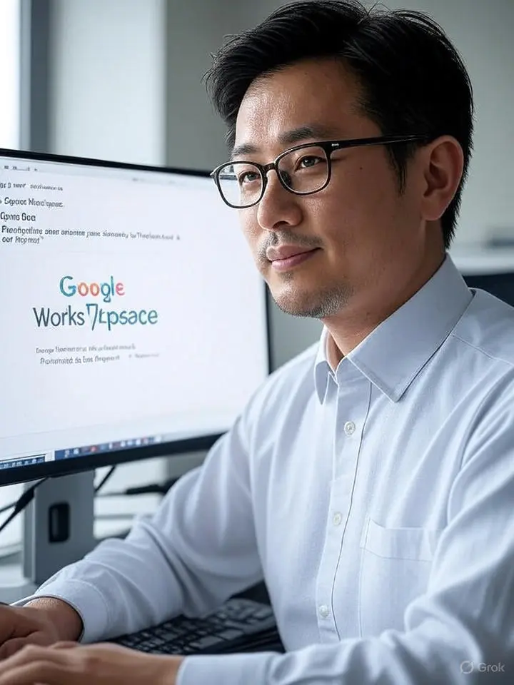 Imagem de uma pessoa do sexo masculino e oriental utilizando um computador e na tela mostra google workplace