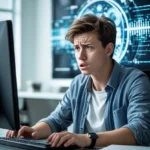 Imagem de um jovem perdido ao utilizar IA no computador. refrência ao artigo: novo analfabeto