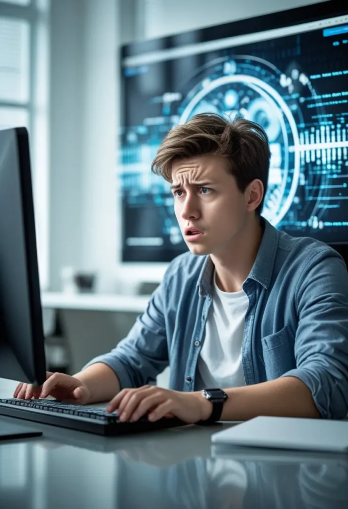 Imagem de um jovem perdido ao utilizar IA no computador. refrência ao artigo: novo analfabeto