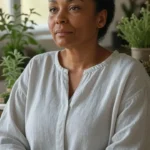 Imagem de uma mulher negra expressão triste por estar com sintomas de climatério e aolado de plantas medicinais em referêcia ao artigo: Climatério sinais que você não pode ignorar e tratamento natural