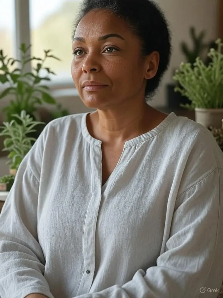 Imagem de uma mulher negra expressão triste por estar com sintomas de climatério e aolado de plantas medicinais em referêcia ao artigo: Climatério sinais que você não pode ignorar e tratamento natural