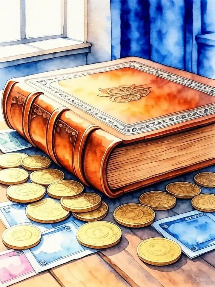 Livro antigo sobre finanças ou sabedoria com moedas ou notas ao lado com conselhos financeiros
