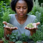 Imagem de umamulher negra entre 40 e 50 anos com ervas nas mãos para tratamento do fogacho. referêcia ao artigo:Fogachos Técnicas Naturais que Realmente Funcionam para Alívio Imediato