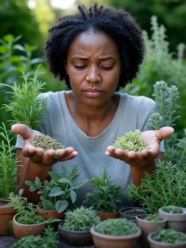 Imagem de umamulher negra entre 40 e 50 anos com ervas nas mãos para tratamento do fogacho. referêcia ao artigo:Fogachos Técnicas Naturais que Realmente Funcionam para Alívio Imediato