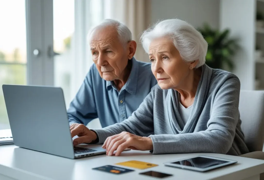 Casal de idosos sentado junto a uma mesa, olhando atentamente para um laptop em uma sala iluminada.