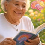 imagem de uma idosa com um livro nas mãos. na capa do livro a imagem de um cerebro. Referência:Hábito para melhorar a memória de idosos em poucos dias