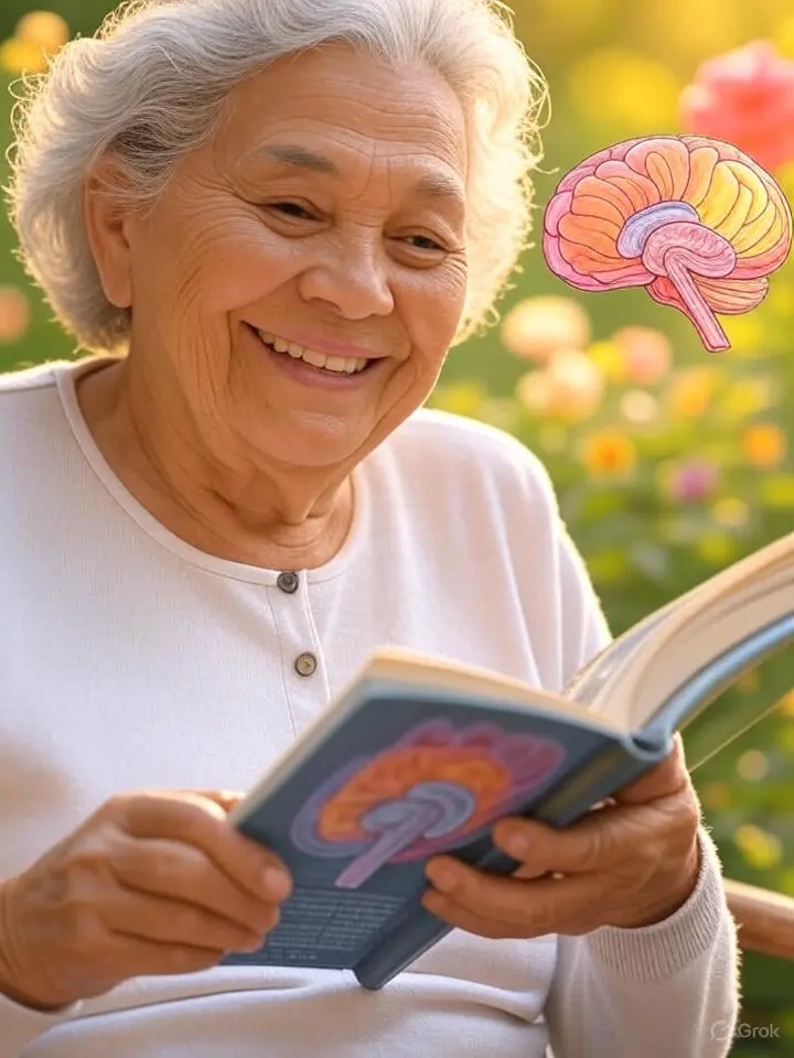 imagem de uma idosa com um livro nas mãos. na capa do livro a imagem de um cerebro. Referência:Hábito para melhorar a memória de idosos em poucos dias