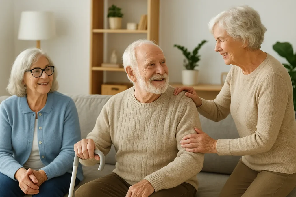 Imagem de idoso e idosas em uma casa com itens indispensaveis para idosos em casa