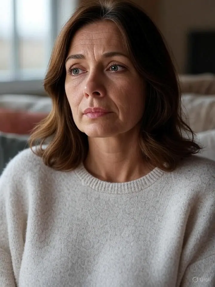 Imagem de uma mulher idade acima dos 45 anos na com uma cara um pouco deprimidada com sintomas da menopausa. em referência ao artigo:Menopausa guia completo para identificar sintomas e viver melhor