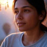 Imagem de uma mulher pensando. no fundo uma iluminação amarela e um pouco nebulosa. referência ao artigo:O eco invisível como o que você pensa e sente molda sua vida