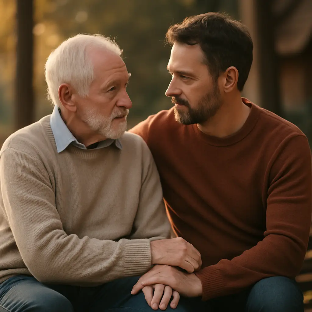 Imagem de um pai com o filho sentados e de mãos dadas. pai e filho com semblante pensativos. em referência ao artigo: Pai, Me Ensina a Envelhecer: 7 Lições de Amor e Legado que Só a Maturidade Revela