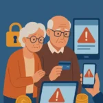 Imagem de um idoso com um cartão de banco e uma idosa ao lado na mesa telas e imagem de cadeados e moedas. referência ao artigo:Proteger Idosos contra Golpes O Guia Definitivo para Evitar Fraudes Financeiras e Digitais