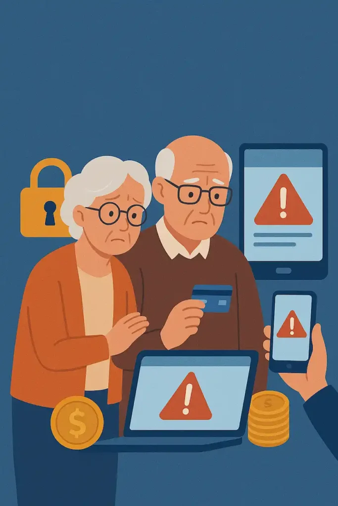 Imagem de um idoso com um cartão de banco e uma idosa ao lado na mesa telas e imagem de cadeados e moedas. referência ao artigo:Proteger Idosos contra Golpes O Guia Definitivo para Evitar Fraudes Financeiras e Digitais