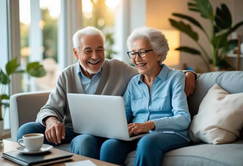 Casal idoso sorrindo sentado em um sofá, olhando para um laptop em uma sala iluminada e aconchegante. Referência ao artigo:Renda Extra para Idosos: Transforme sua Experiência de Vida em uma Fonte de Lucro