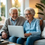 Casal idoso sorrindo sentado em um sofá, olhando para um laptop em uma sala iluminada e aconchegante. Referência ao artigo:Renda Extra para Idosos: Transforme sua Experiência de Vida em uma Fonte de Lucro