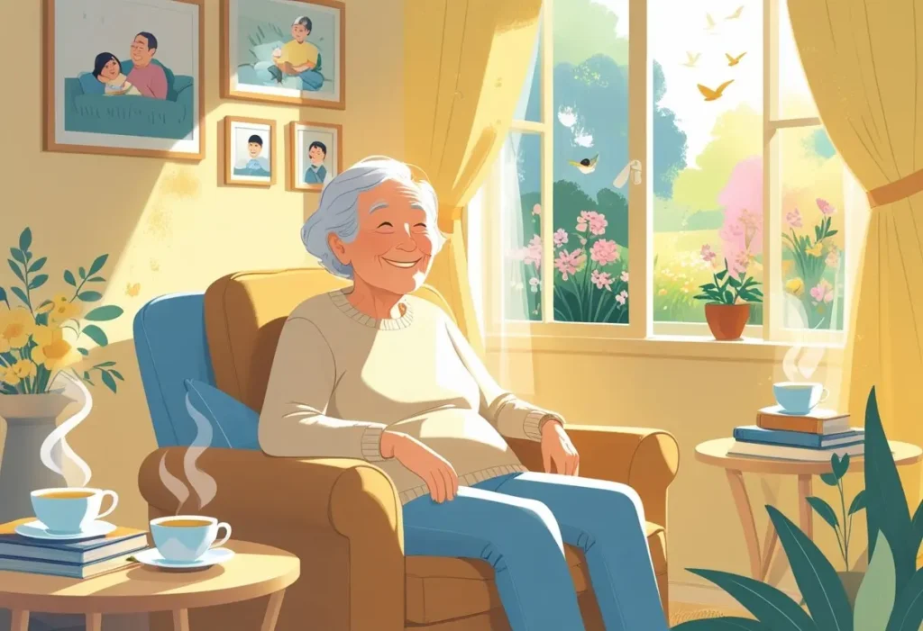 Pessoa idosa sentada confortavelmente em uma sala iluminada, rodeada por objetos que representam bem-estar mental, como uma xícara de chá, livro e fotos de família, com uma janela mostrando um jardim tranquilo ao fundo. Referência: Solidão na velhice: Como Vencê-la e Encontrar o Bem-Estar Mental