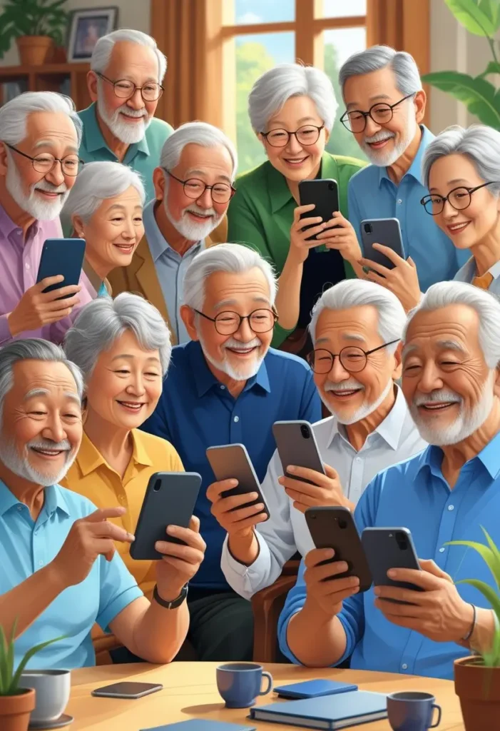 imagem de vários idosos utilizando smartphone com whatsapp. referência ao artigo:WhatsApp para iniciantes guia simples para maiores de 50 anos