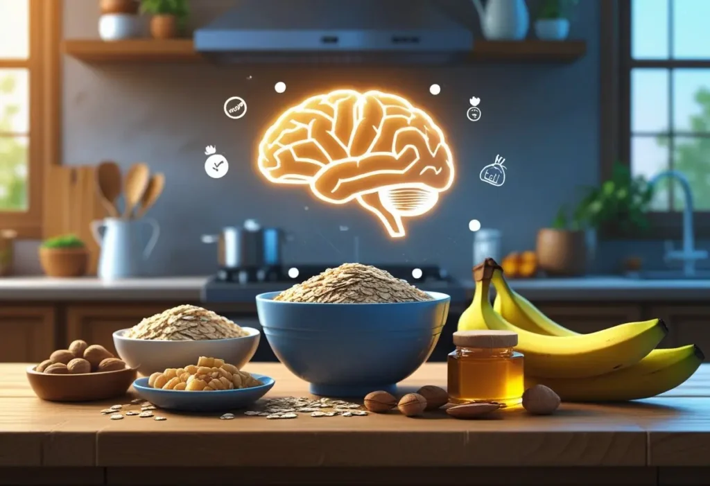 Imagem de uma mesa farta com frutas e grãos, banana, aveia ,granola e mel. referêcia ao artigo:alimento barato para memória
