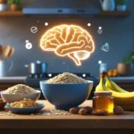 Imagem de uma mesa farta com frutas e grãos, banana, aveia ,granola e mel. referêcia ao artigo:alimento barato para memória