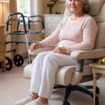 Imagem de uma mulher idosa em uma casa amigável para envelhecimento. cadeiras adaptadas e andador pode se mover livremente