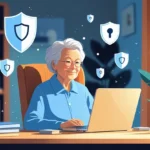 Pessoa idosa sentada em uma mesa usando um laptop, cercada por ícones de segurança digital, em um ambiente doméstico acolhedor.