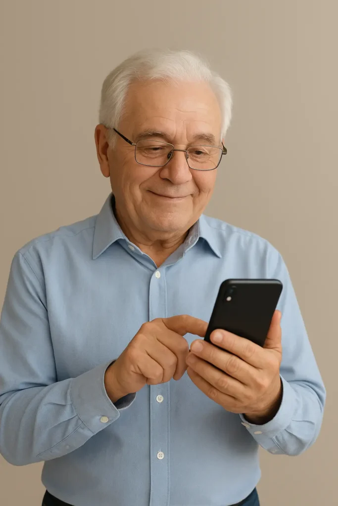 Imagem de um idoso com feição confiante por ter aprendido como usar o pix.