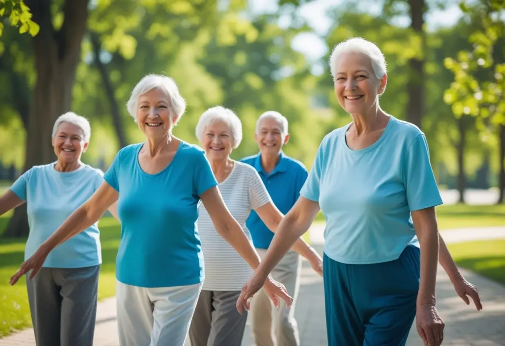 Grupo de idosos felizes e ativos em um parque ensolarado, praticando alongamentos e caminhando. Eles demonstram saúde e bem-estar, mostrando como é possível evitar a dor nas costas na terceira idade.