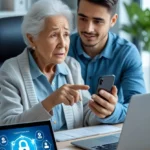 Imagem de uma idosa com expressão preocupada, segurando um celular com as mãos trêmulas, vítima potencial do golpe do PIX. Ao seu lado, um jovem profissional - vestindo camisa social azul de manga longa - explica com paciência e empatia como se proteger das fraudes digitais.