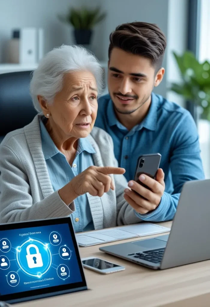 Imagem de uma idosa com expressão preocupada, segurando um celular com as mãos trêmulas, vítima potencial do golpe do PIX. Ao seu lado, um jovem profissional - vestindo camisa social azul de manga longa - explica com paciência e empatia como se proteger das fraudes digitais.