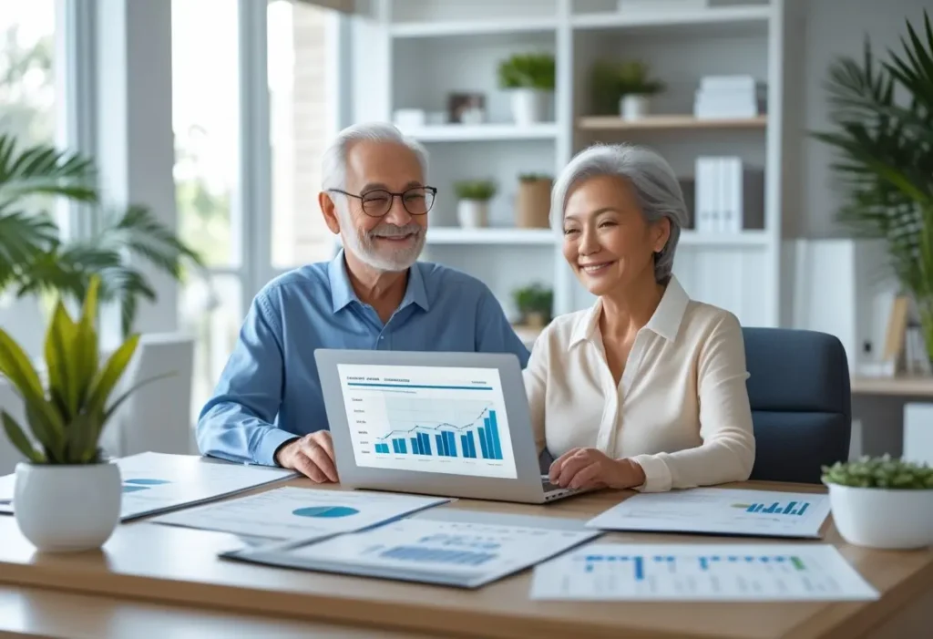 Casal idoso sentado à mesa de um escritório em casa bem iluminado, analisando documentos financeiros e um laptop, representando a busca por investimentos seguros para idosos.