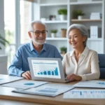 Casal idoso sentado à mesa de um escritório em casa bem iluminado, analisando documentos financeiros e um laptop, representando a busca por investimentos seguros para idosos.