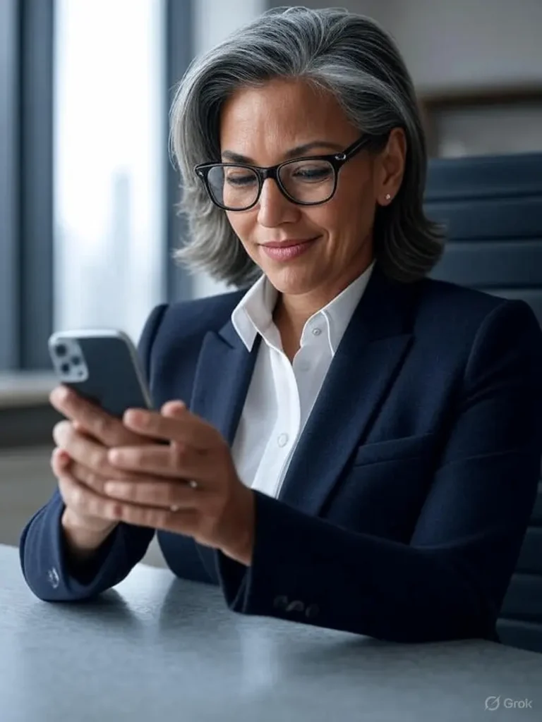 Imagem de uma mulher , idade da geraçao x cabelos grisalhos com um smaftphone nas mãos imagem ilustra como vender tecnologia para a geração x