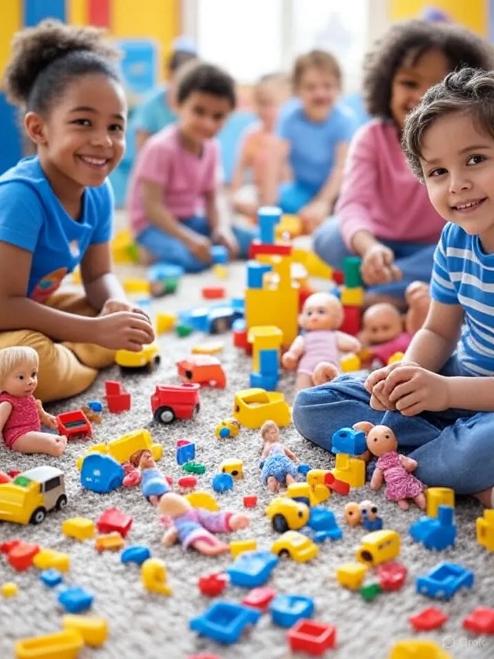 Imagem de varias crianças unidas e com brinquedos infantil espalhados pelo chão.