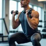 Exercícios Físicos para a Saúde da Próstata: homem levantando halteres pequenos de forma moderada, representando prática segura e cuidados preventivos.