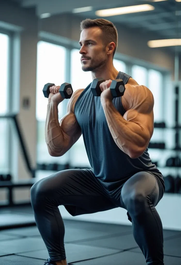 Exercícios Físicos para a Saúde da Próstata: homem levantando halteres pequenos de forma moderada, representando prática segura e cuidados preventivos.