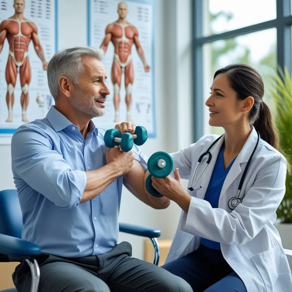 Homem com fraqueza muscular sentado em consultório moderno, recebendo ajuda de uma médica para levantar um haltere leve.