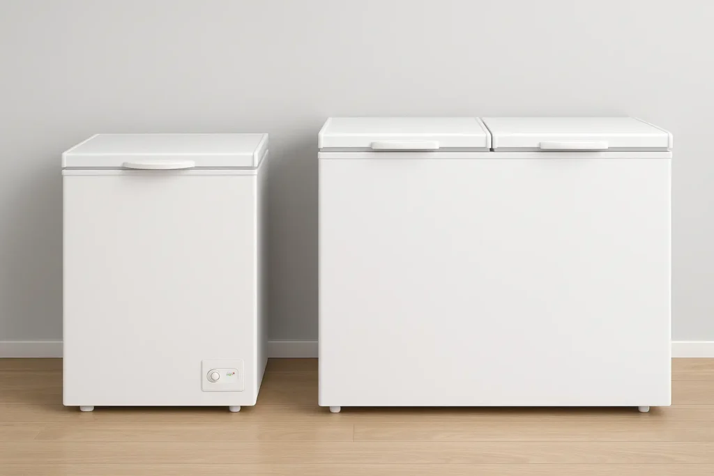 Imagem de freezer horizontal: duas portas e uma porta na cor branca