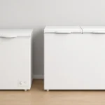 Imagem de freezer horizontal: duas portas e uma porta na cor branca