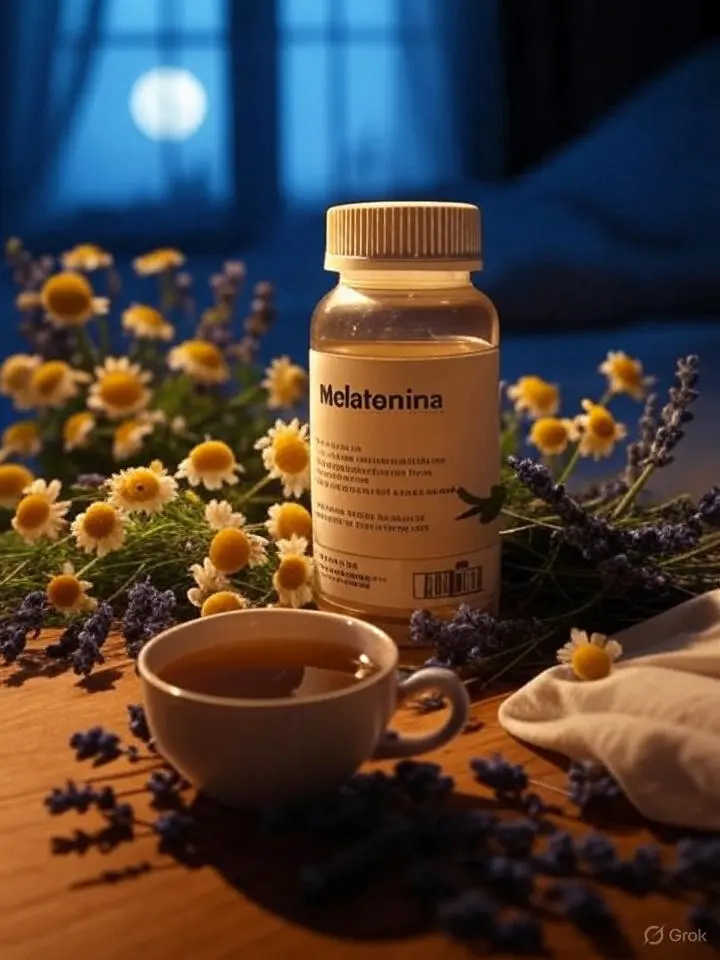 Frasco de melatonina ao lado de camomila, lavanda e uma xícara de chá, representando o uso da melatonina na terceira idade como apoio natural para o sono.