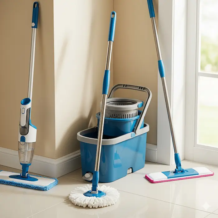 Imagem de mops para limpeza de pisos sobre o chão e na cor azul claro 3 modelos. sendo um com balde e dois sem o balde