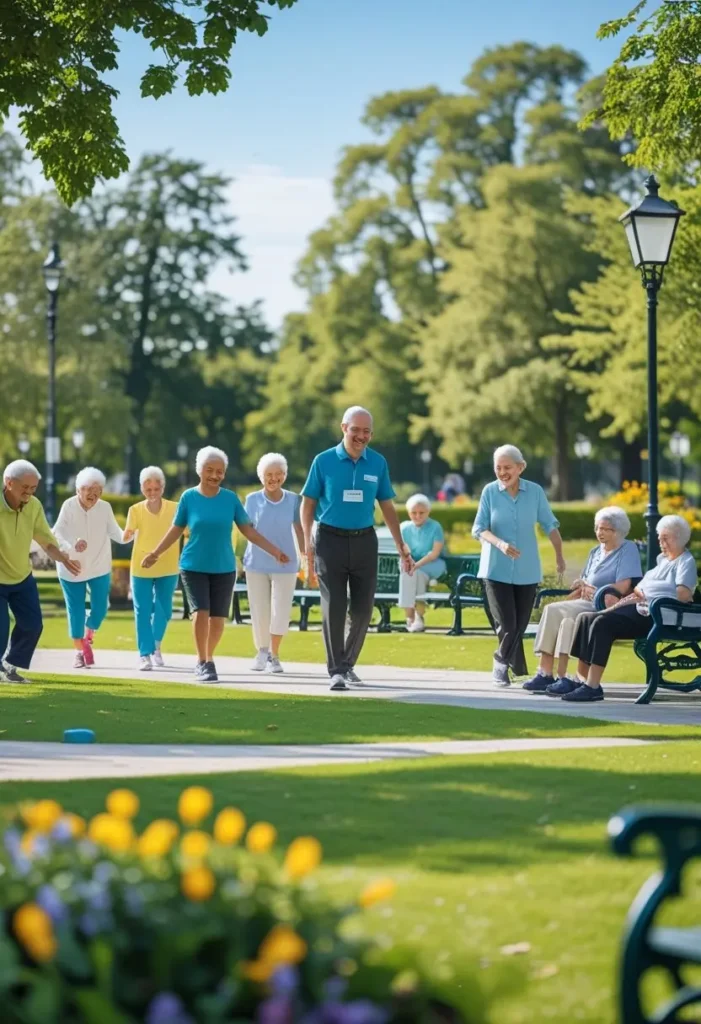 Grupo diversificado de idosos ativos realizando atividades ao ar livre em um parque, com um gerontólogo interagindo e apoiando-os.