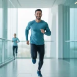 Imagem de homem ativo e sorridente, transmitindo saúde da próstata, vitalidade e bem-estar em cenário positivo, com cores suaves e estilo leve e realista.